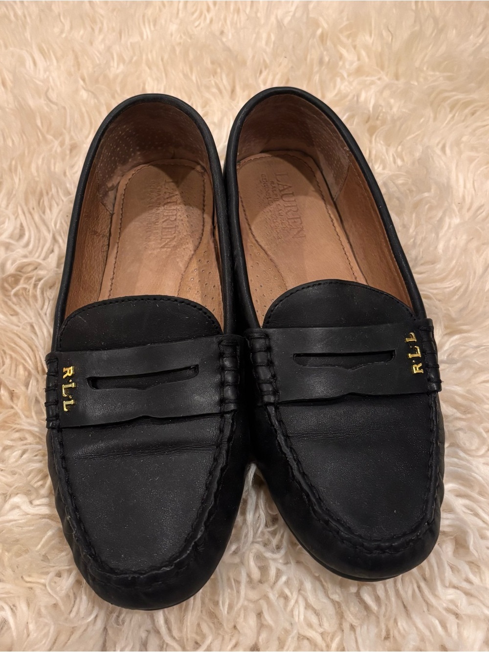Ralph Lauren Black Leather Penny Loafers with Gold RLL Accent